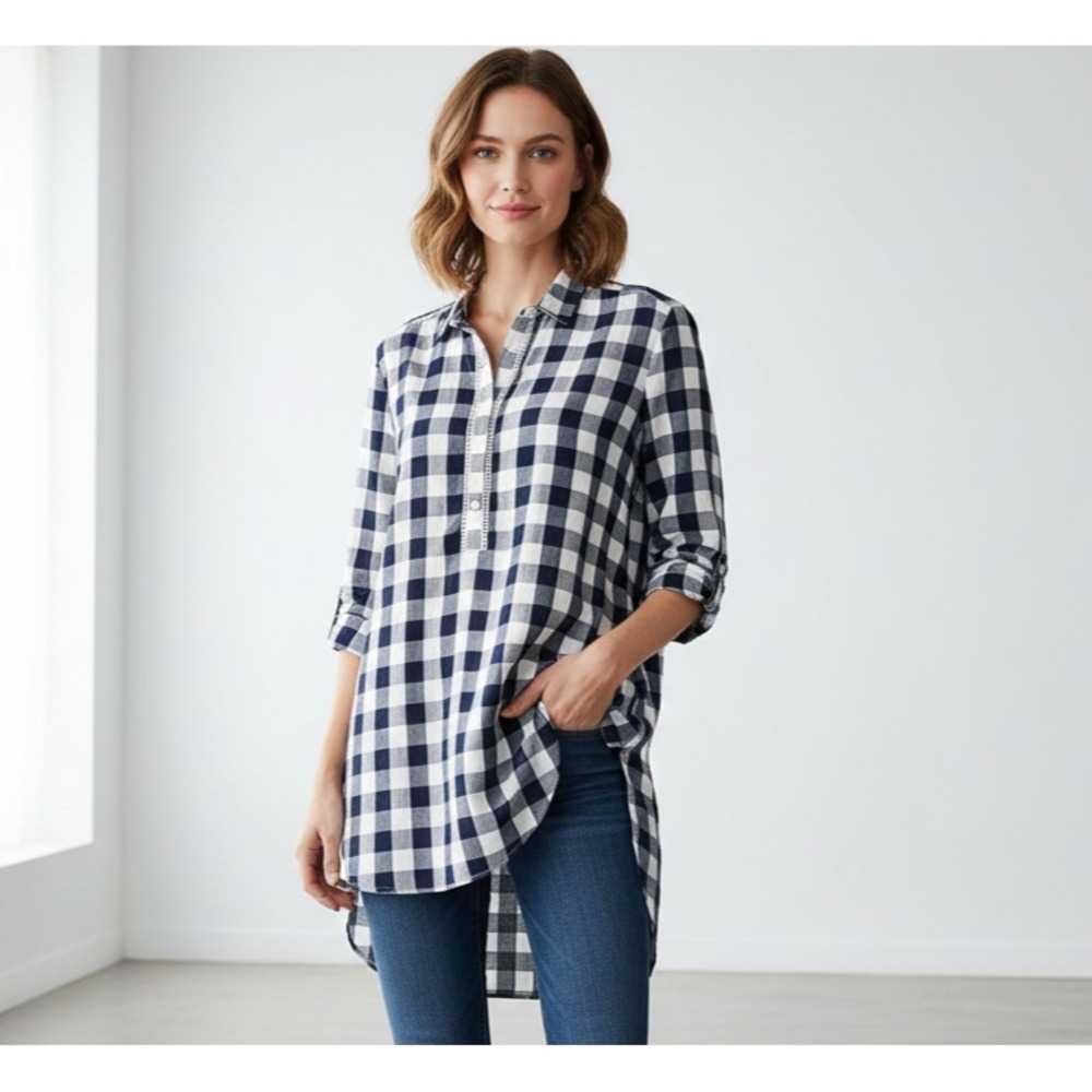 Loft‎ XS Women's Blue White Plaid Tunic Top Academia Preppy Retro Cottage Chic